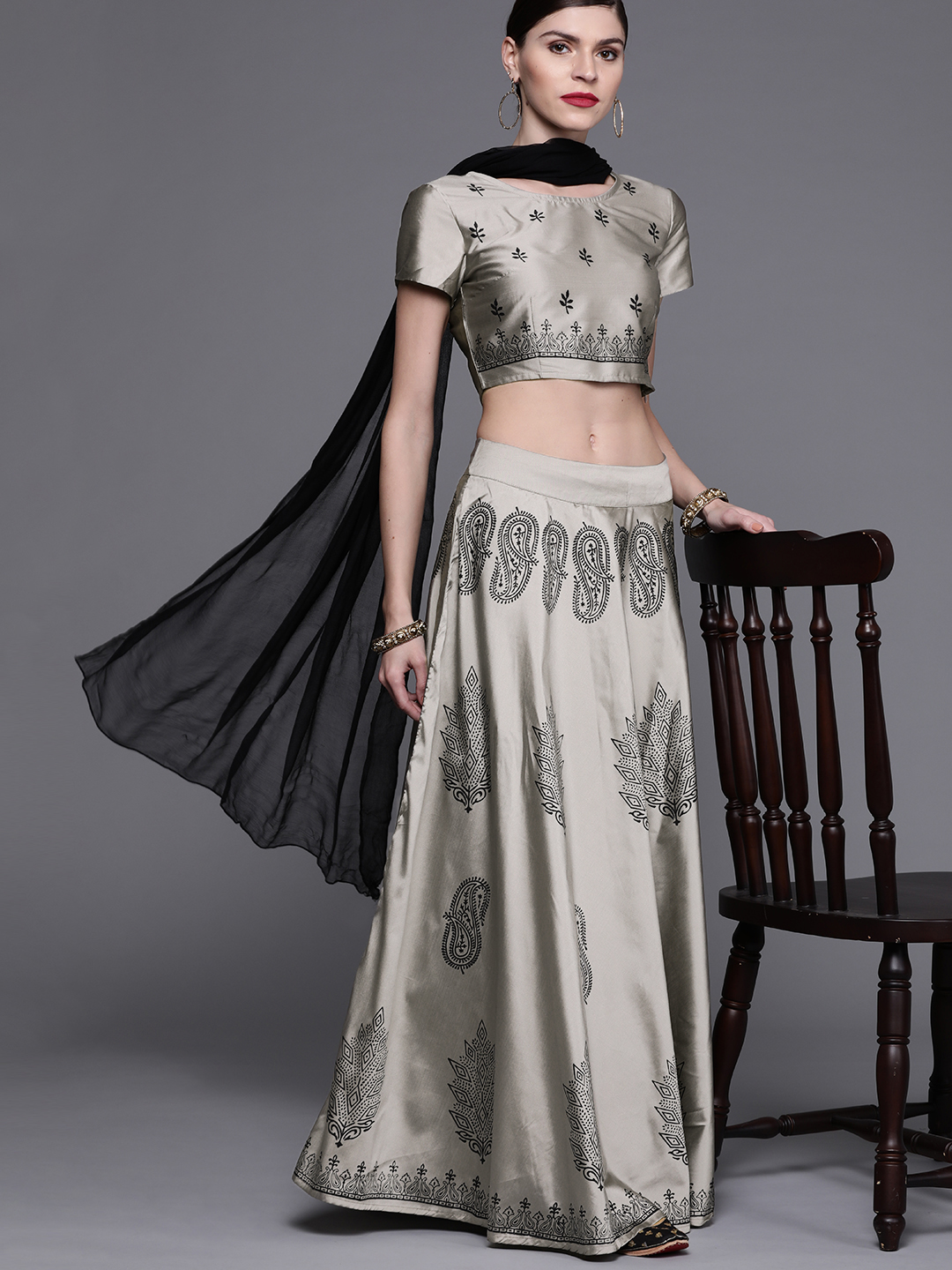 AKS Couture Women Grey & Black Block Printed Lehenga Choli With Dupatta Price in India