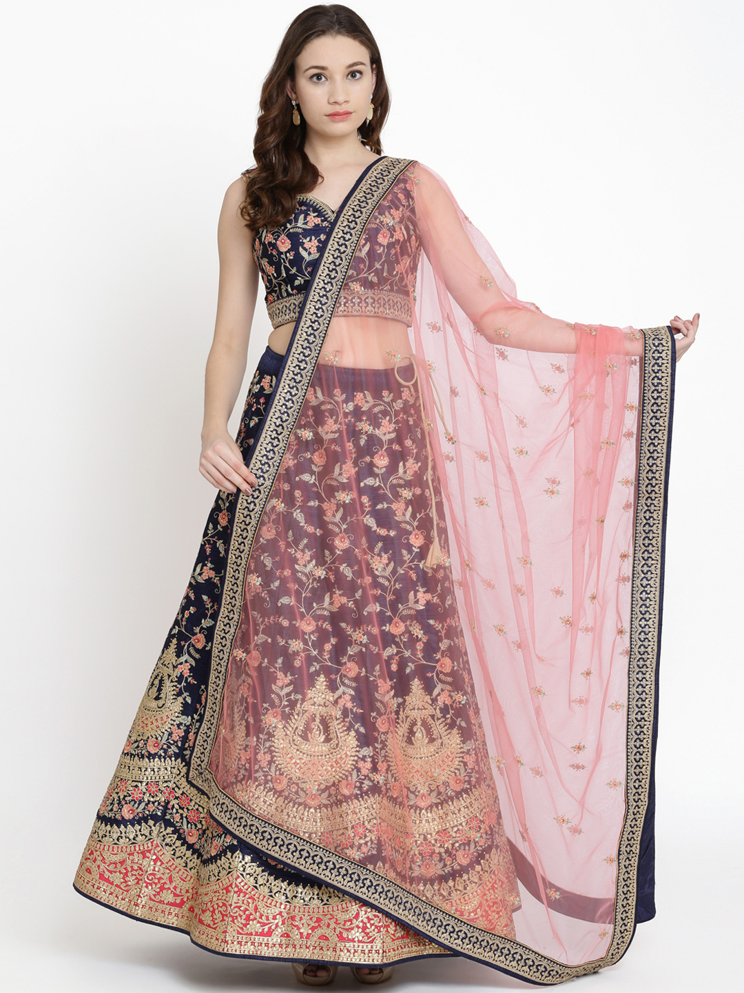 Koskii Navy Blue & Pink Embroidered Semi-Stitched Gotapatti Lehenga & Blouse with Dupatta Price in India