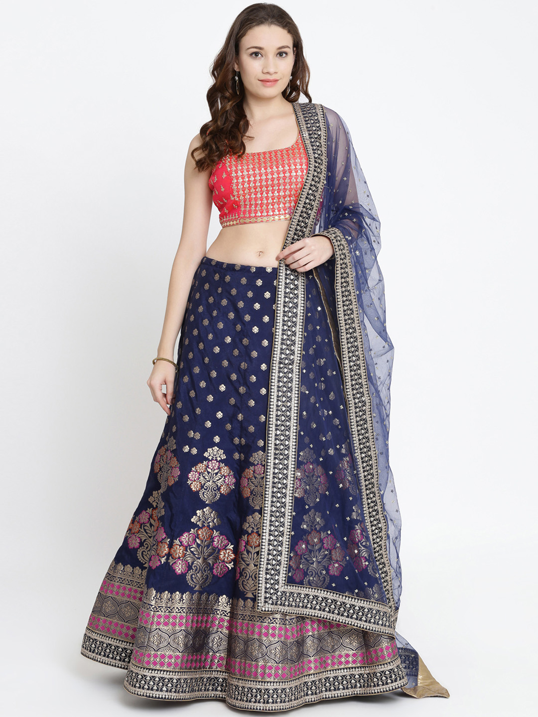 Koskii Navy Blue & Pink Embellished Semi-Stitched Zariwork Lehenga & Blouse with Dupatta Price in India