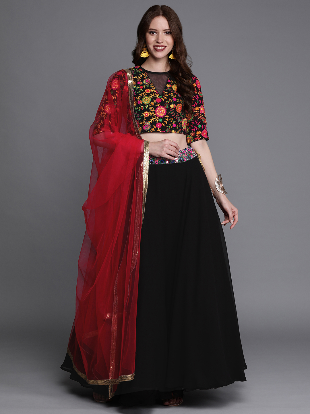 Bollywood Vogue Black & Red Embroidered Made to Measure Lehenga & Blouse with Dupatta Price in India