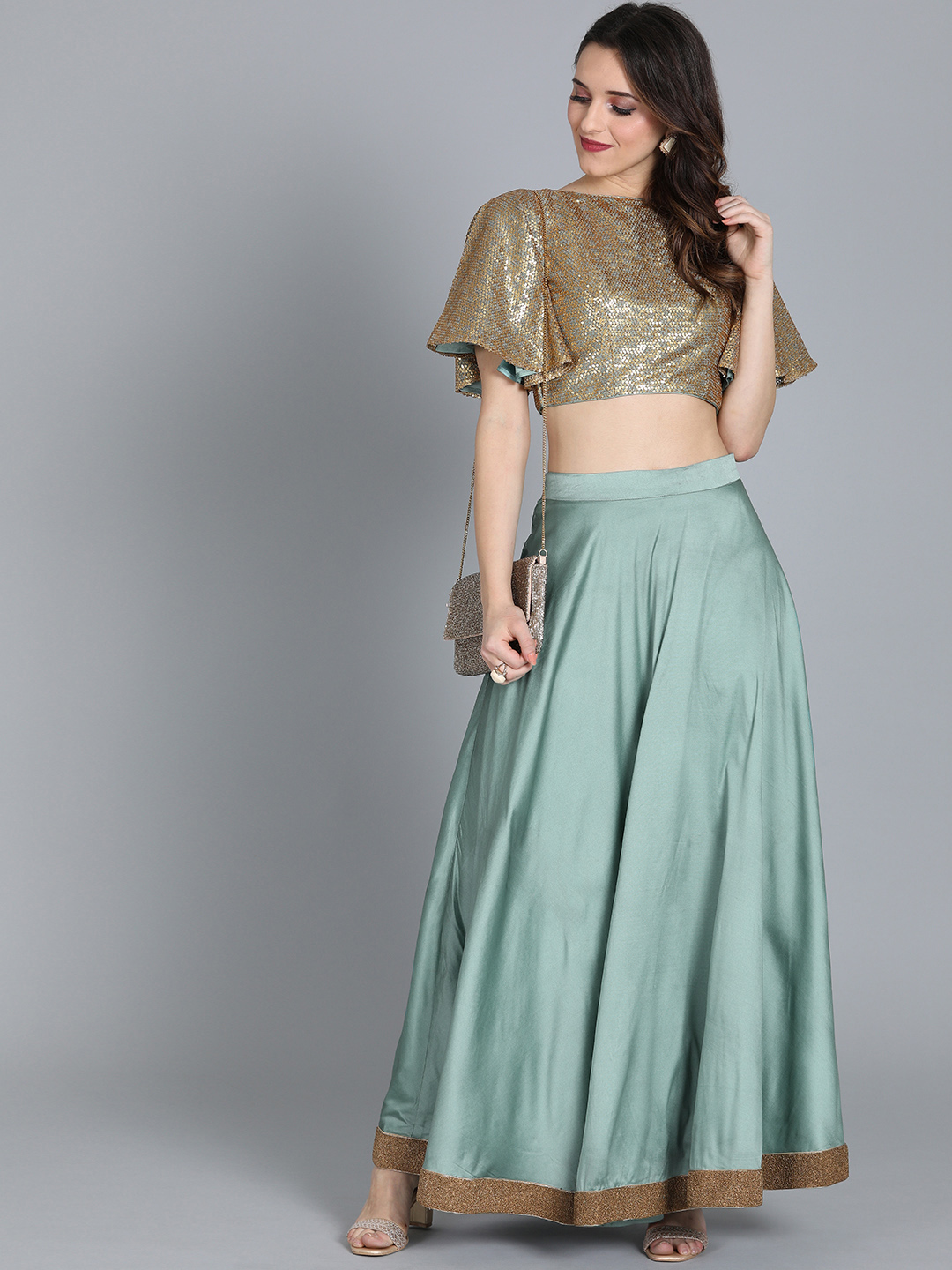 Bollywood Vogue Teal Green & Gold-Toned Made to Measure Embellished Lehenga with Blouse Price in India
