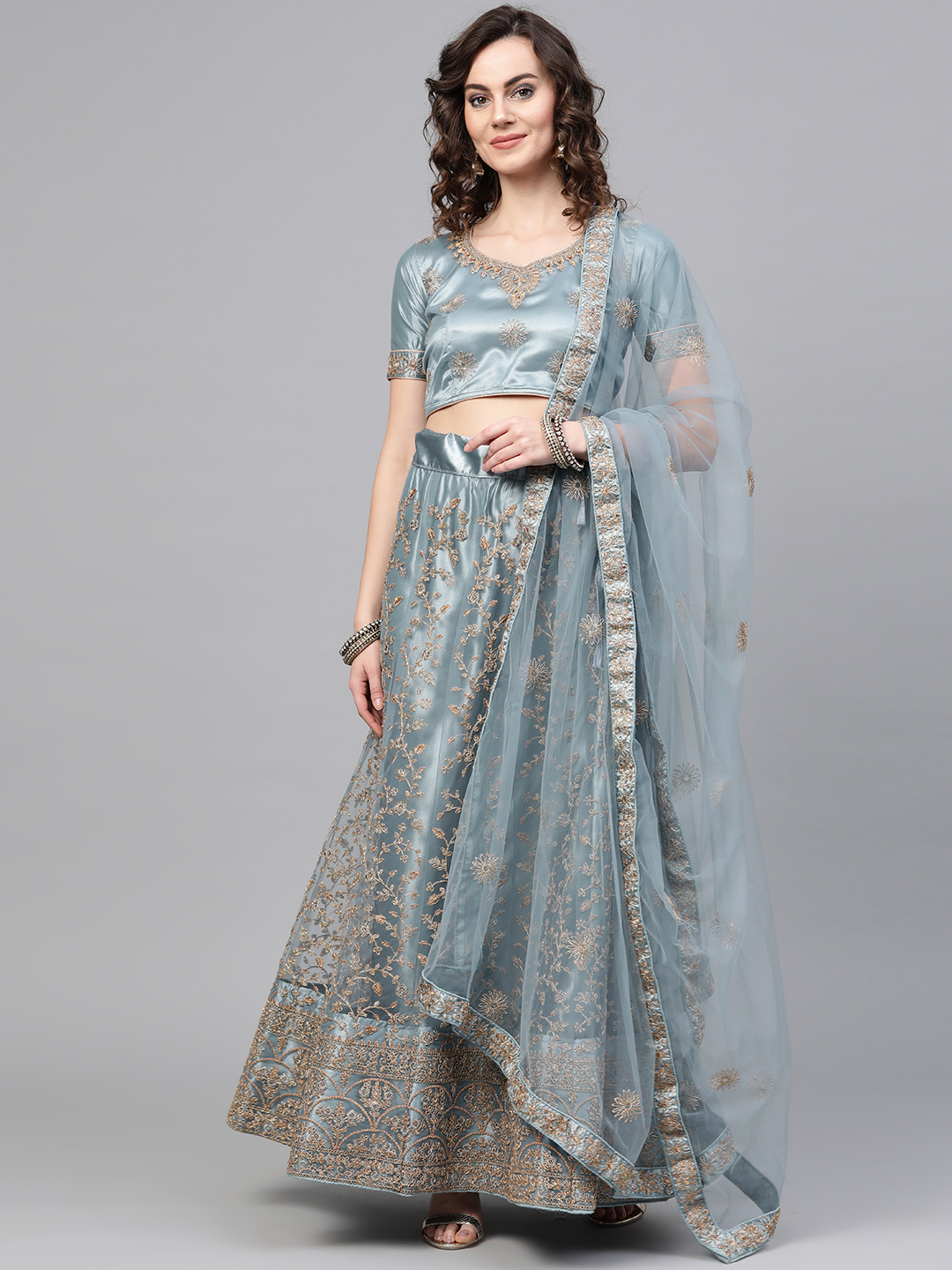 Chhabra 555 Grey & Golden Jaal Kasab Zari Embroidered Semi-stitched Lehenga Set Price in India