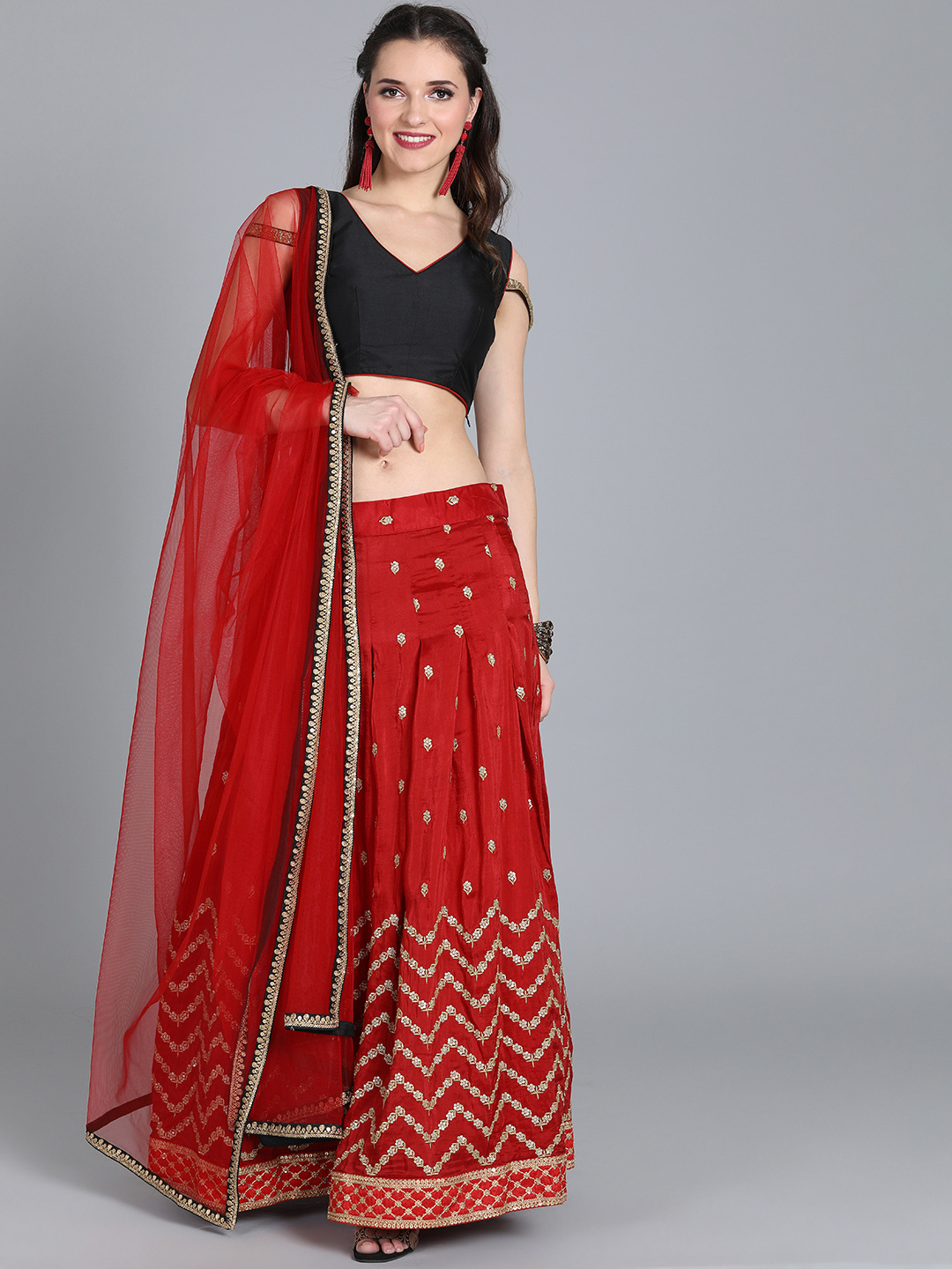 Bollywood Vogue Black & Red Embroidered Made to Measure Lehenga & Blouse with Dupatta Price in India