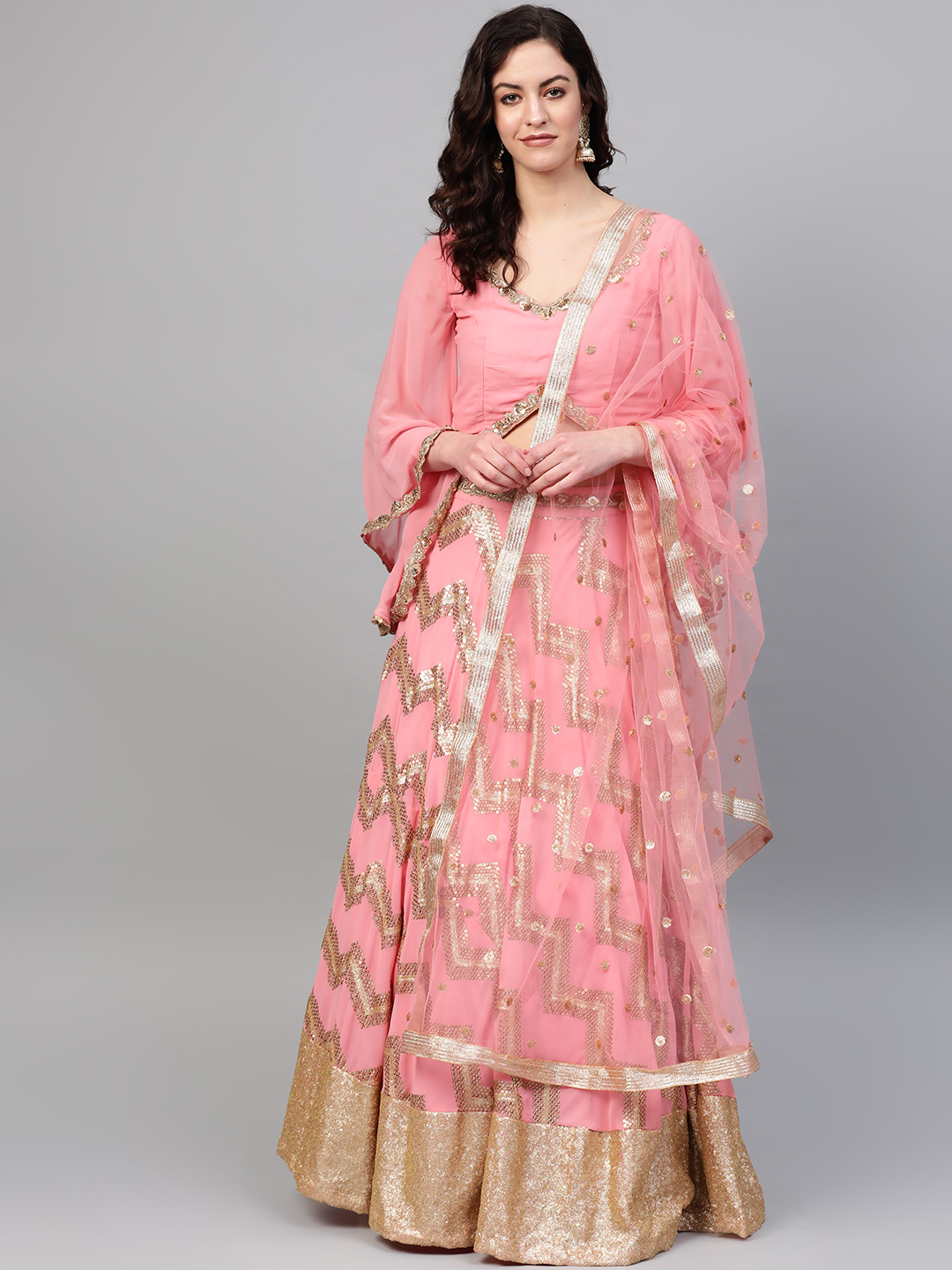 Chhabra 555 Pink & Golden Embellished Made To Measure Lehenga Choli With Dupatta Price in India