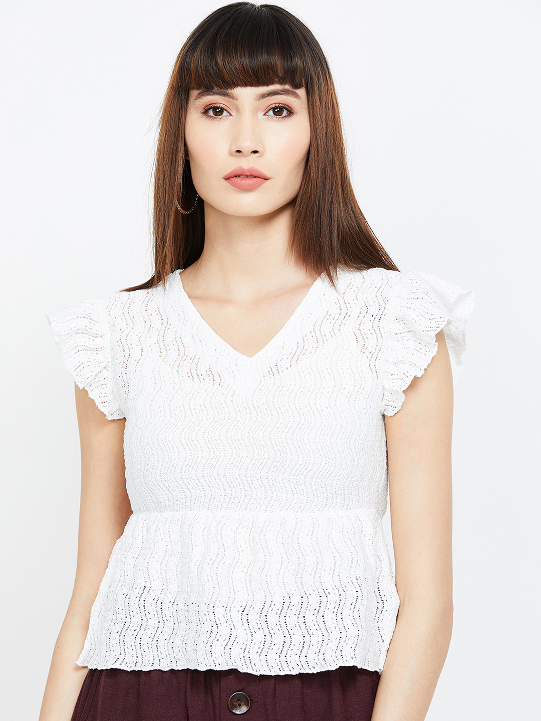 Ginger by Lifestyle Women Off-White Self Design Peplum Top Price in India