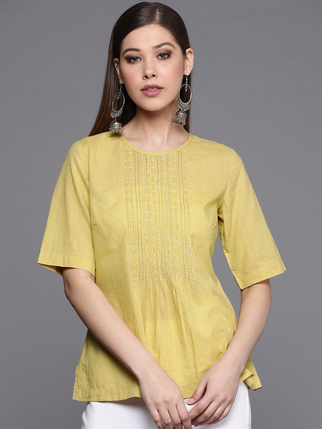 Fabindia Women Yellow Embroidered Detail Top Price in India