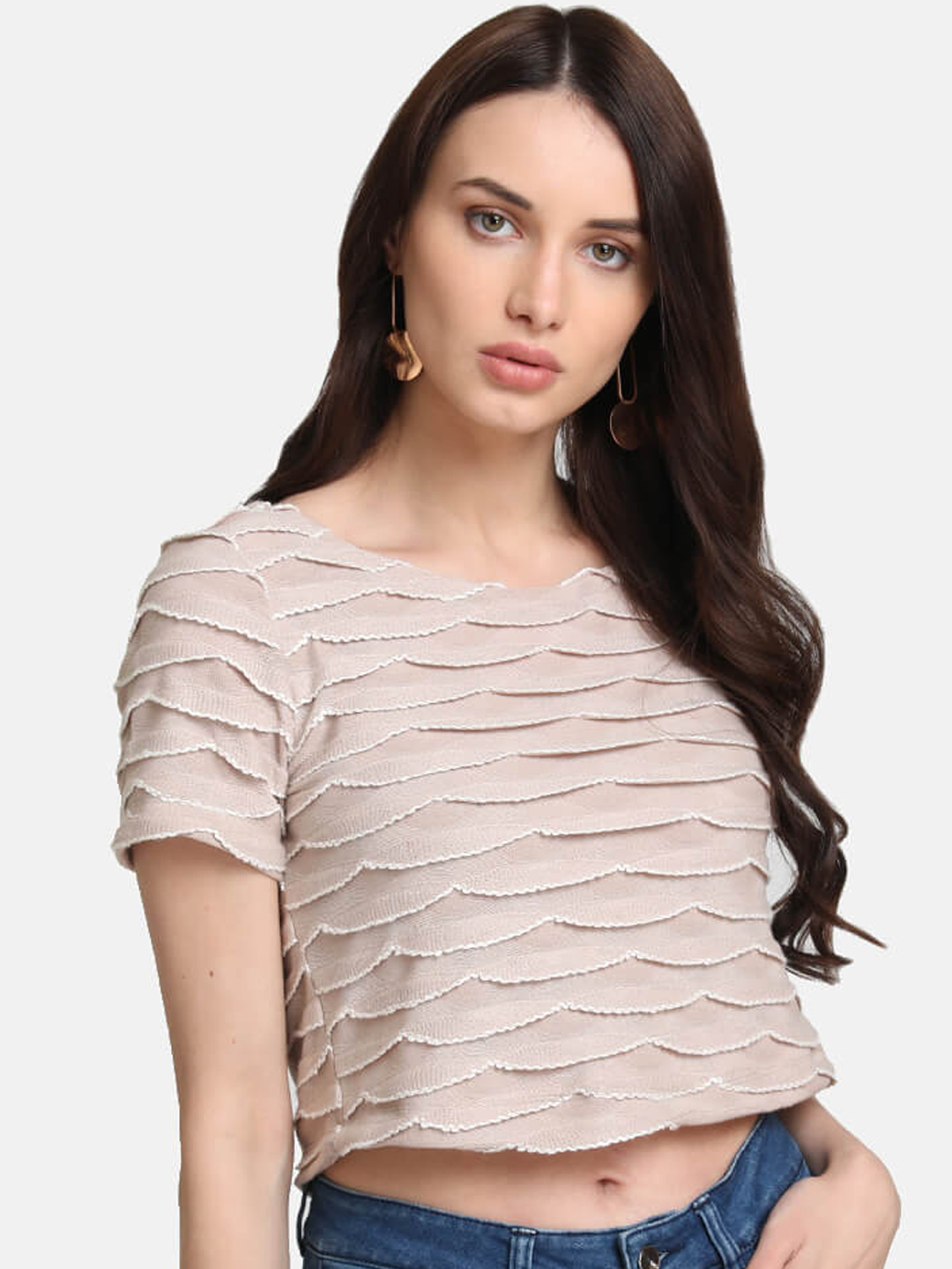 Kazo Women Beige Solid Ruffle Crop Top Price in India