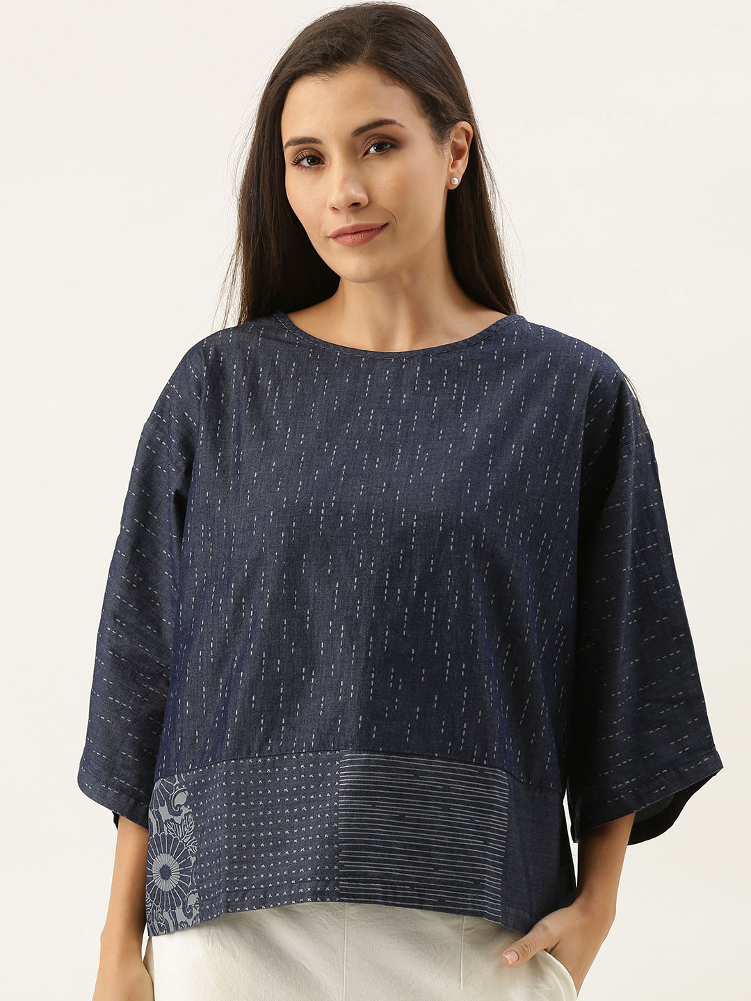 MERAKI Women Blue & White Printed Chambray Boxy Top Price in India