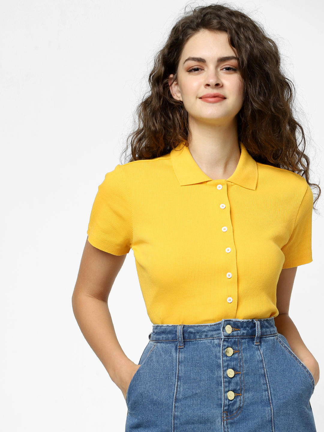 ONLY Women Yellow Solid Shirt Style Top Price in India