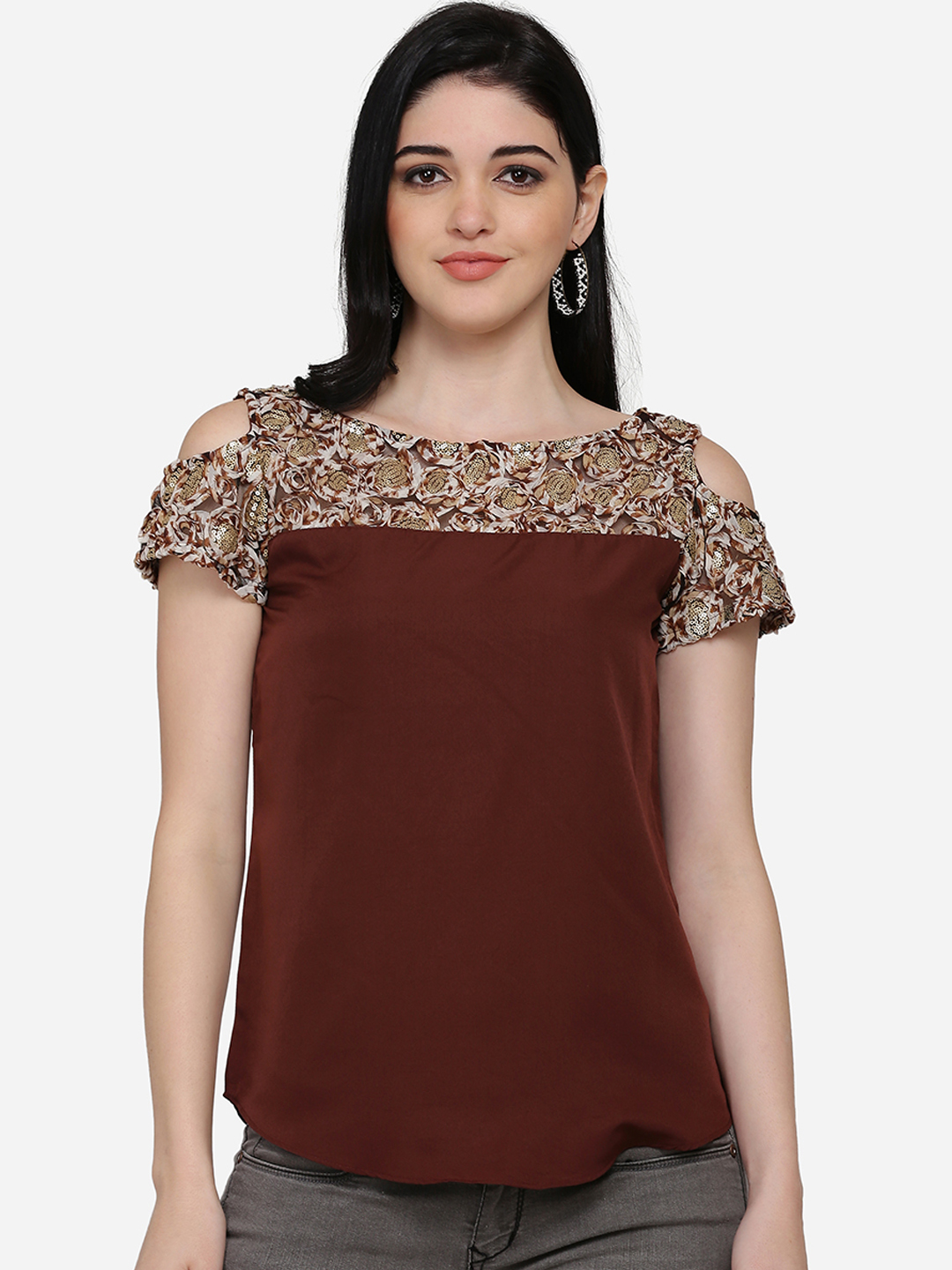 Eavan Women Coffee Brown Printed Top Price in India