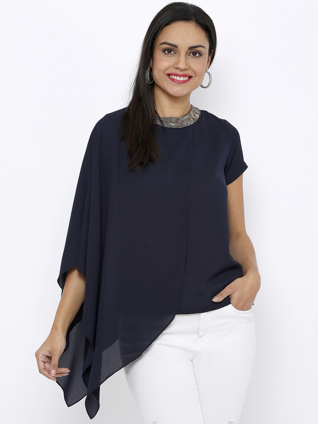 Soie Women Navy Blue Solid Cape Top Price in India