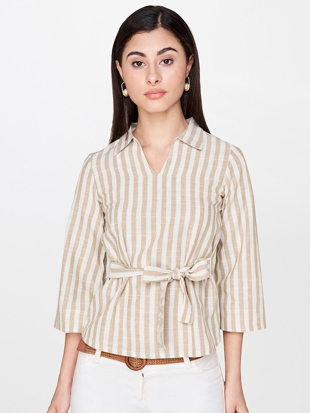 AND Women Beige & White Striped Linen Top Price in India