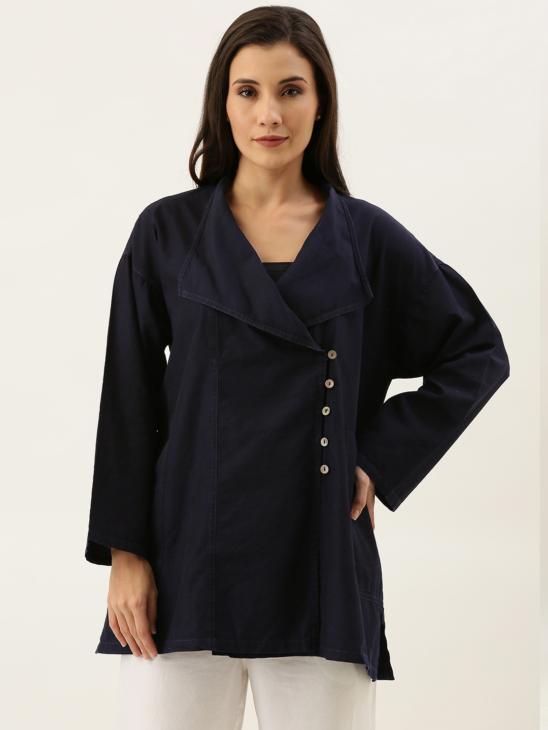 MERAKI Women Navy Blue Solid Longline Wrap Top Price in India