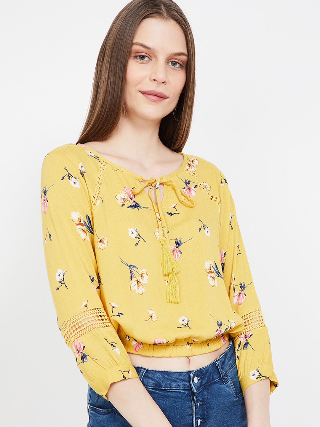 Ginger by Lifestyle Women Mustard Yellow Printed Blouson Crop Top Price in India