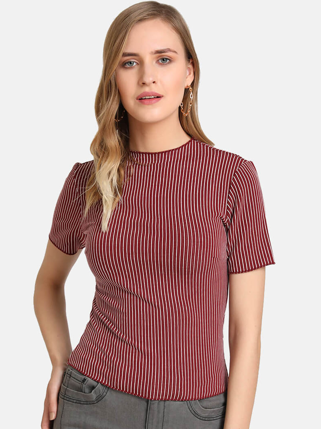 Kazo Women Maroon & WhiteStriped Top Price in India