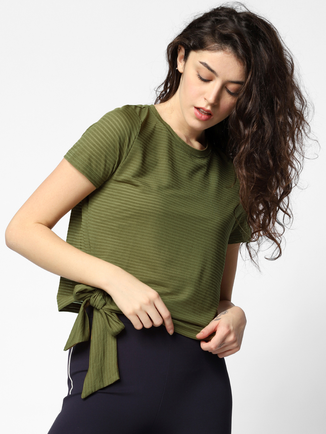 ONLY Women Olive Green Self Striped Top With Waist Tie Up Price in India
