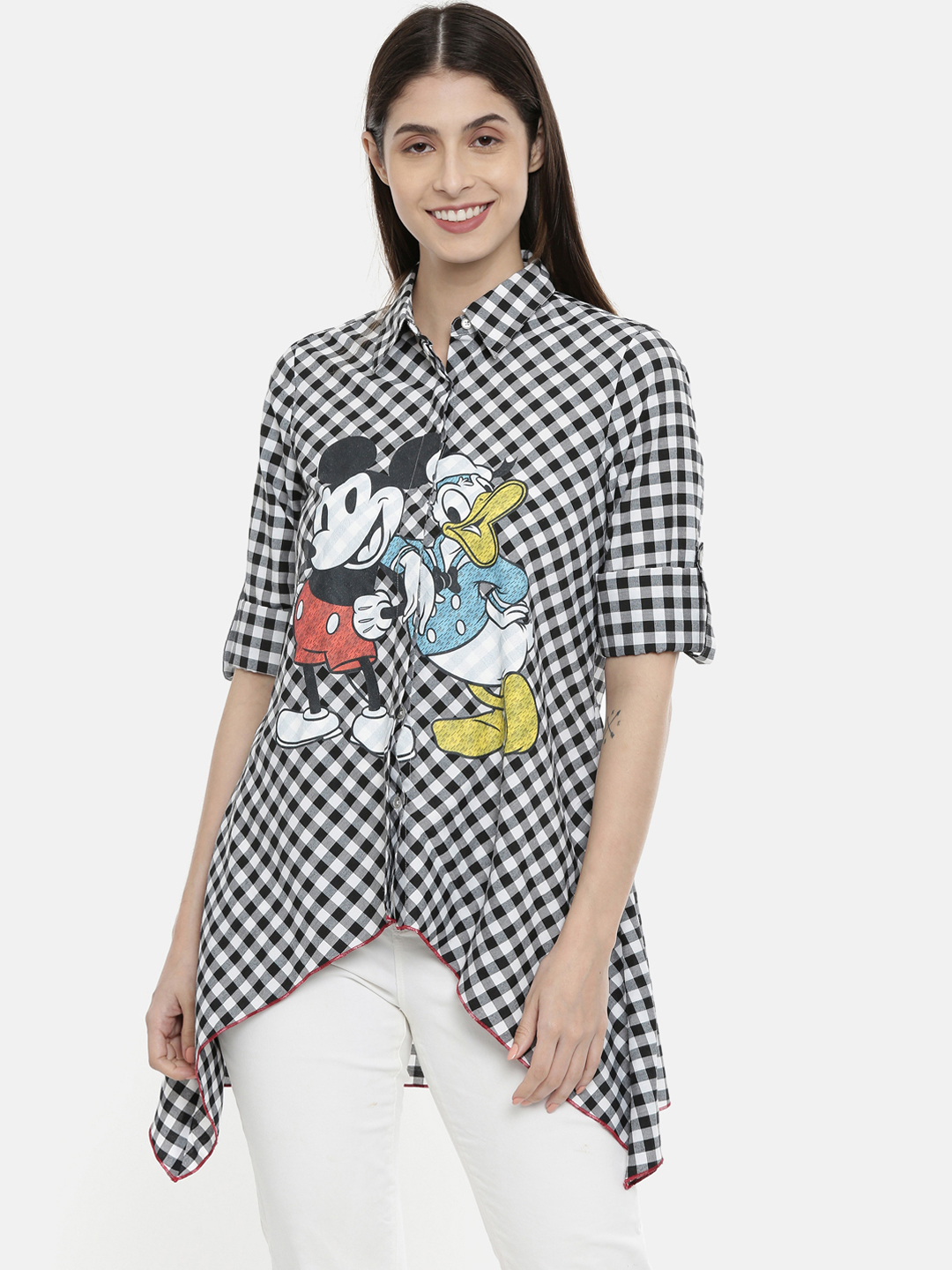 QUANCIOUS Women Black & White Mickey & Friends Checked Shirt Style Top Price in India