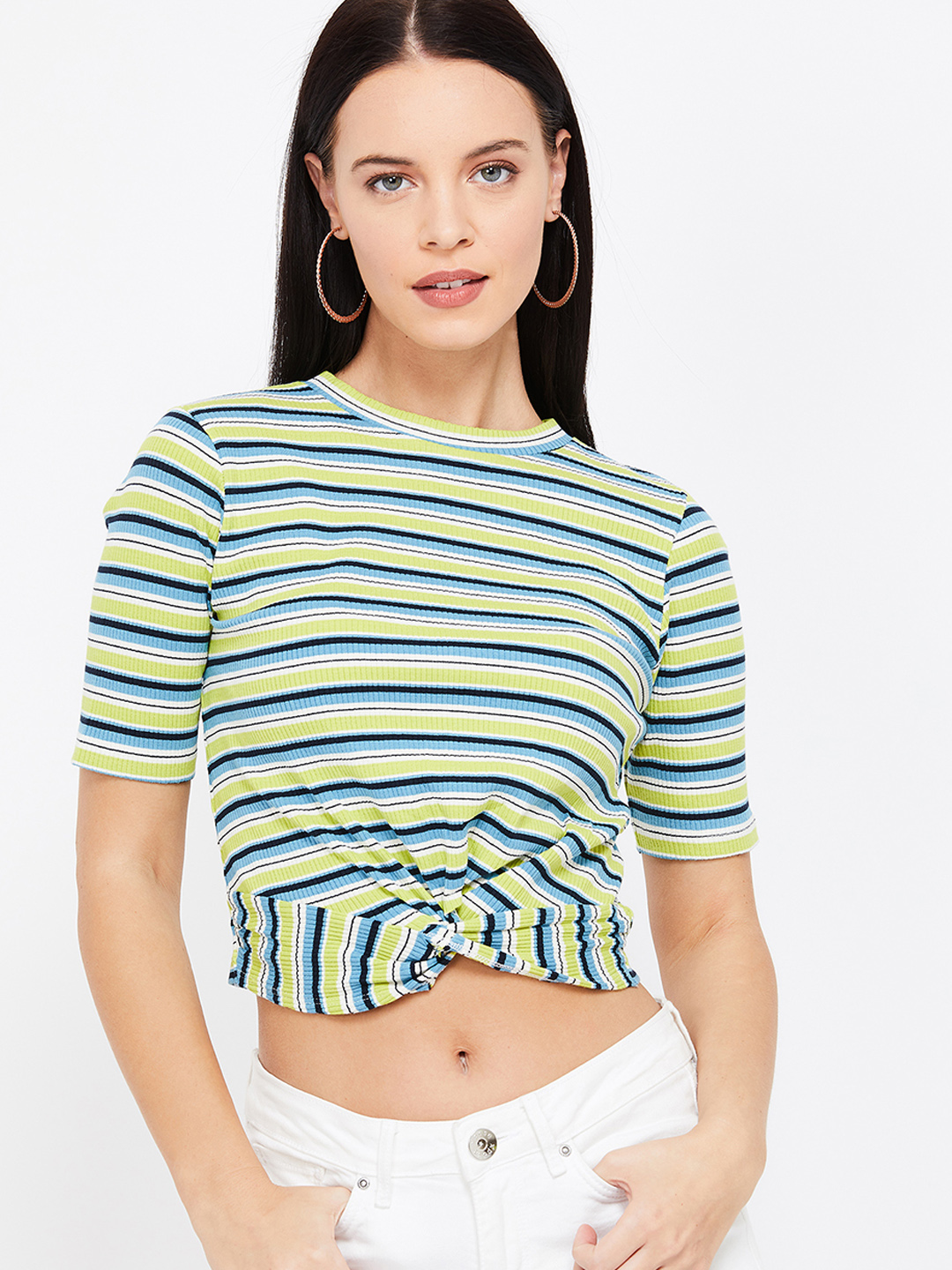 Ginger by Lifestyle Women Green & Blue Striped Cropped Twisted  Top Price in India