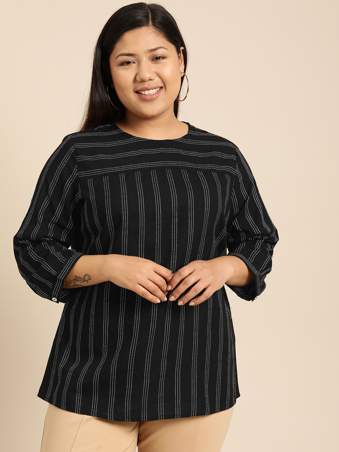 aLL Women Black & White Self-Striped Top Price in India