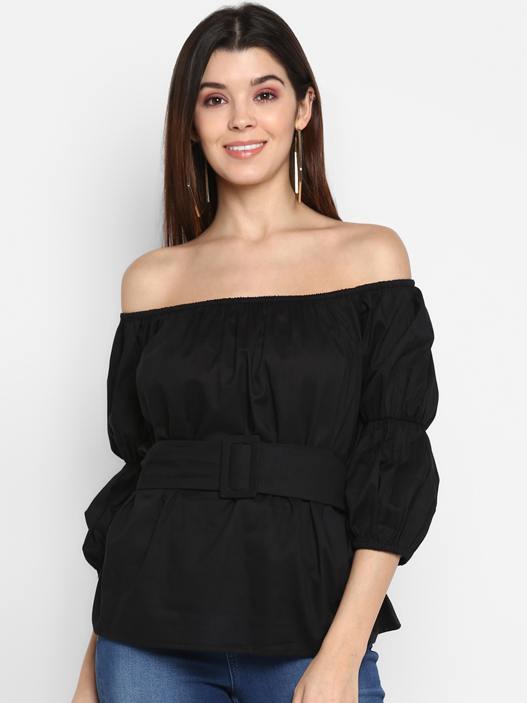 MIAMINX Women Black Solid Bardot Top Price in India