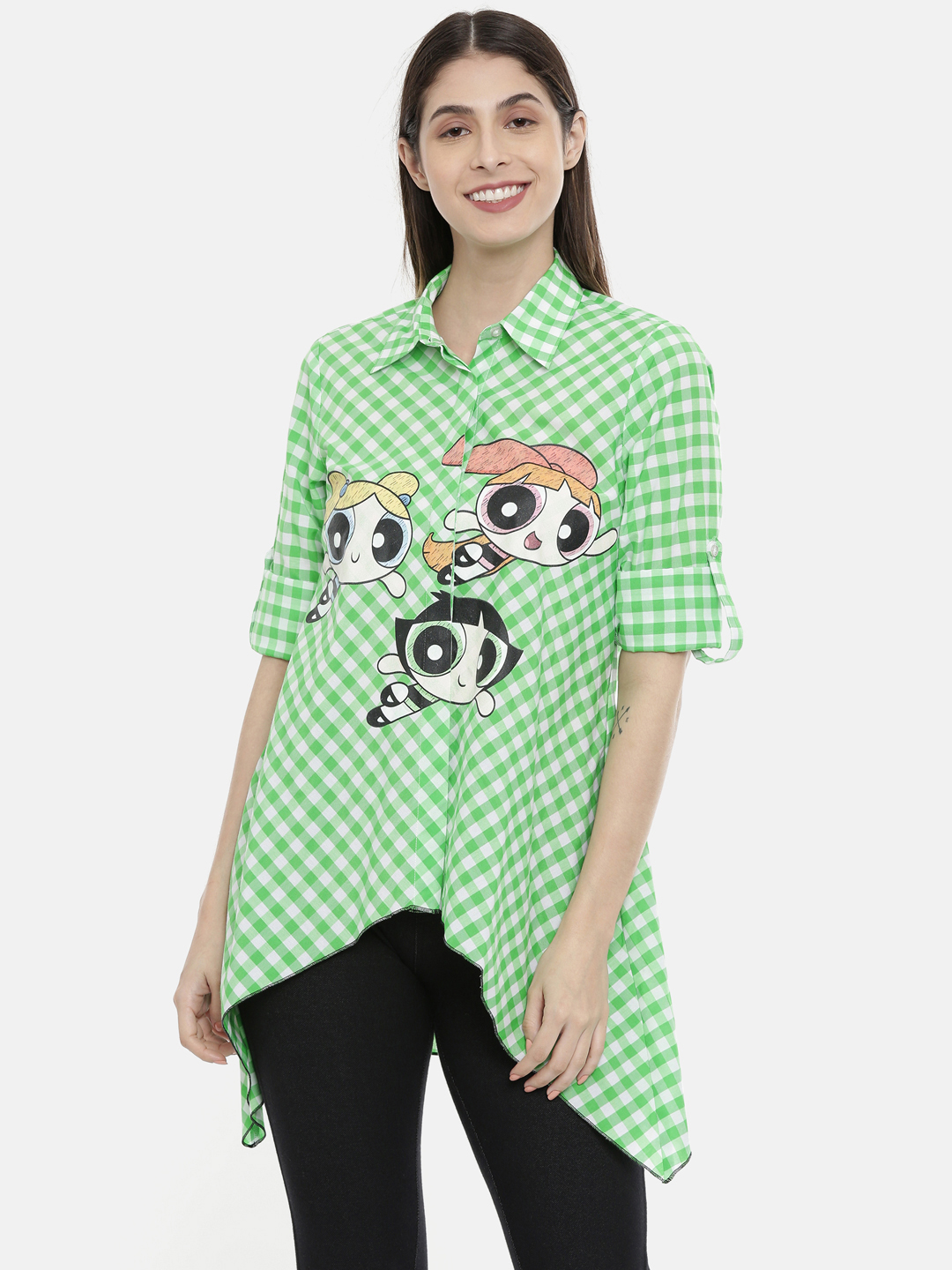 QUANCIOUS Women Green & White Power Puff Girls Checked Shirt Style Top Price in India