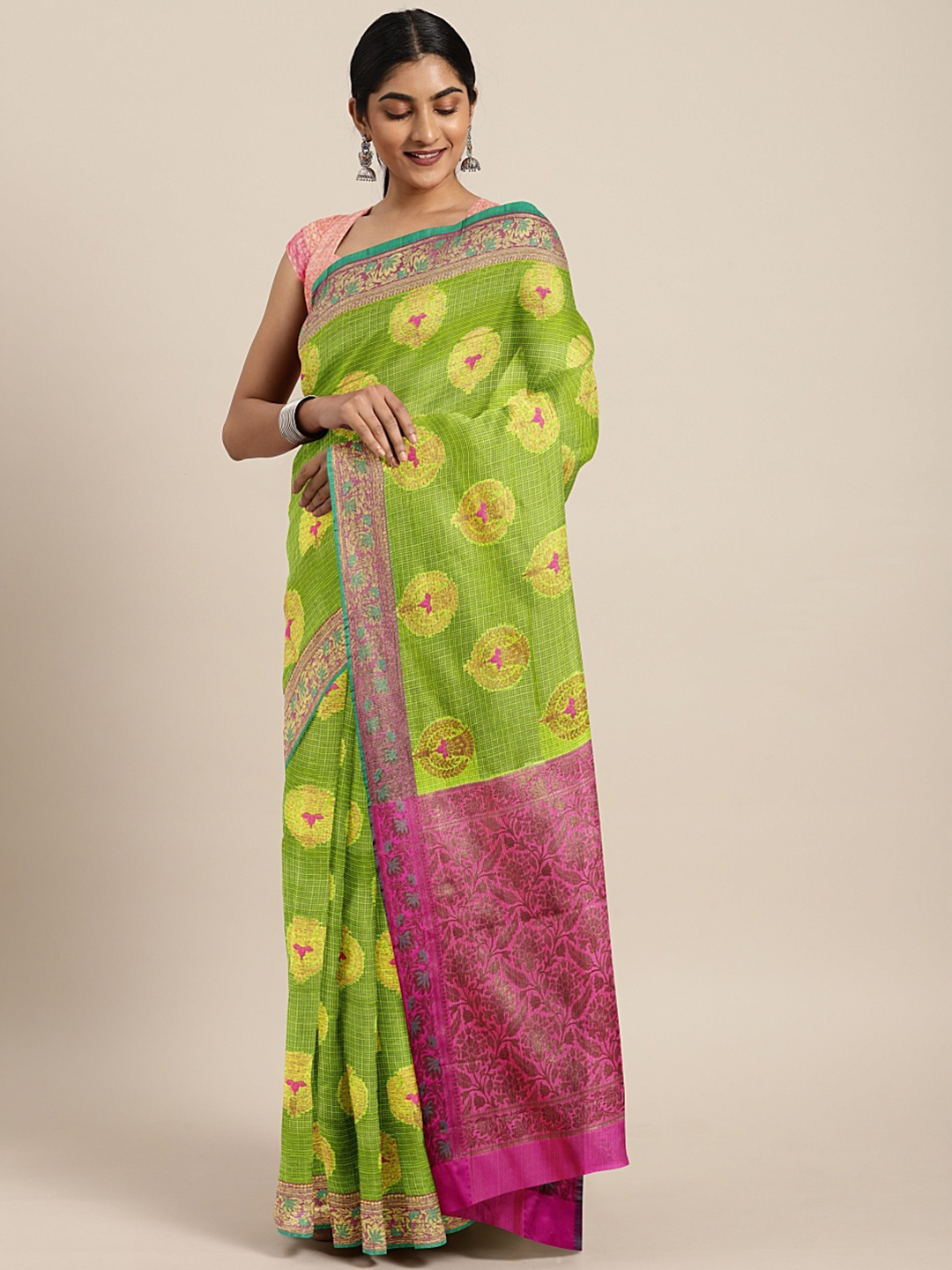 The Chennai Silks Classicate Green & Gold-Toned Net Woven Design Kota Saree Price in India