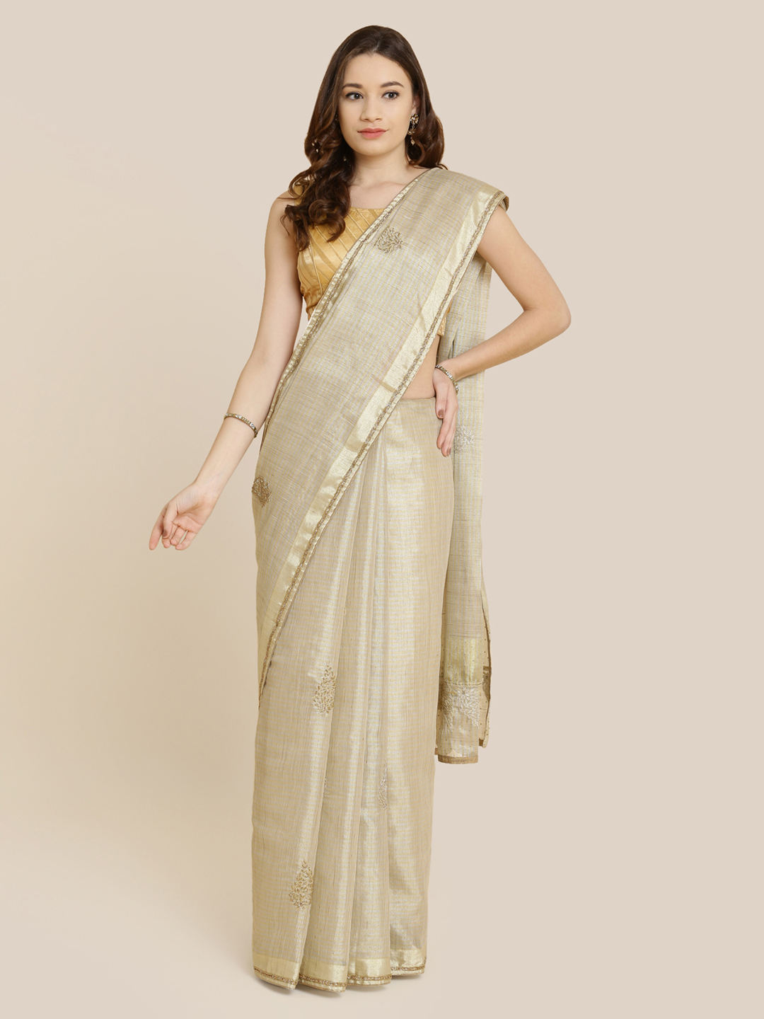 Koskii Gold-Toned Embellished Tissue Saree Price in India