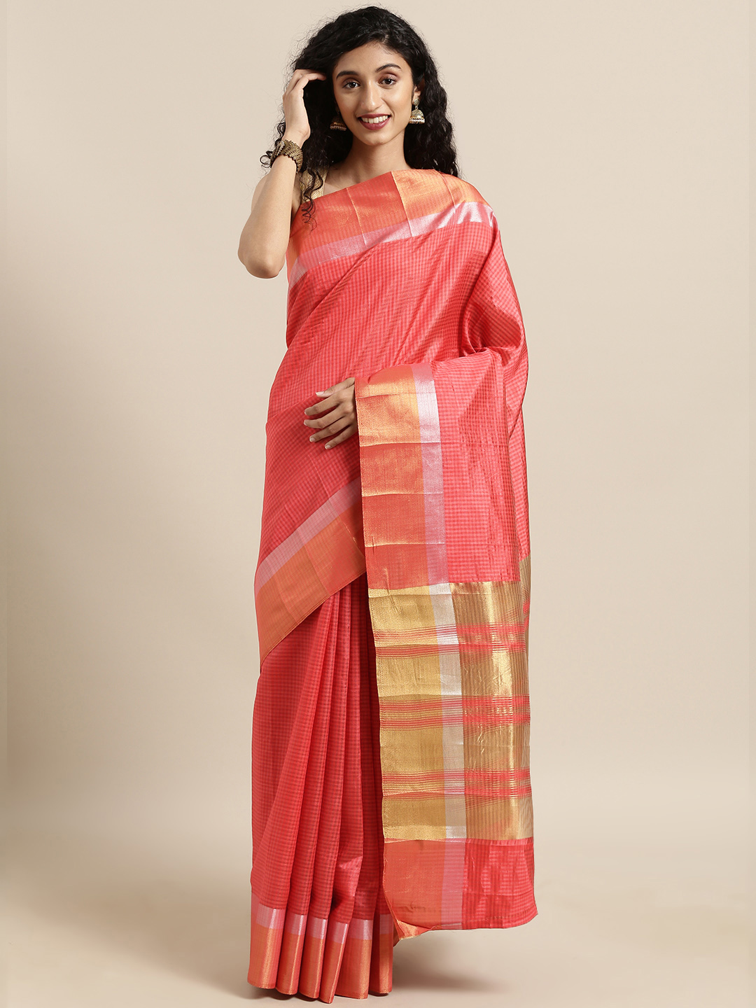 The Chennai Silks Coral Red Checked Jute Cotton Saree Price in India