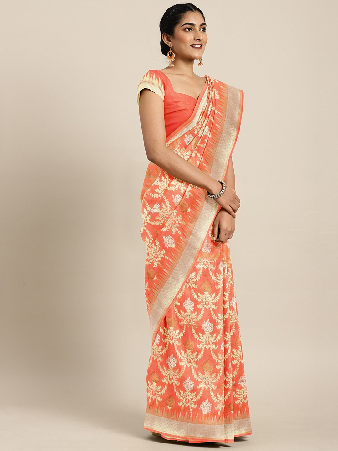 The Chennai Silks Classicate Orange Pure Silk Woven Design Banarasi Saree Price in India