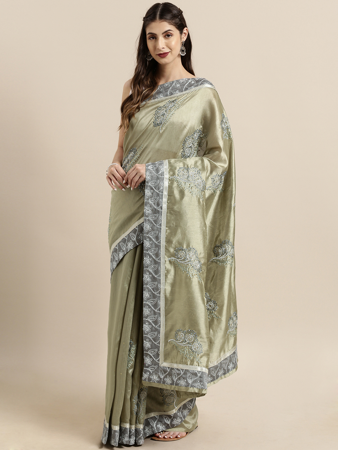 The Chennai Silks Classicate Green & Grey Silk Blend Embroidered Saree Price in India