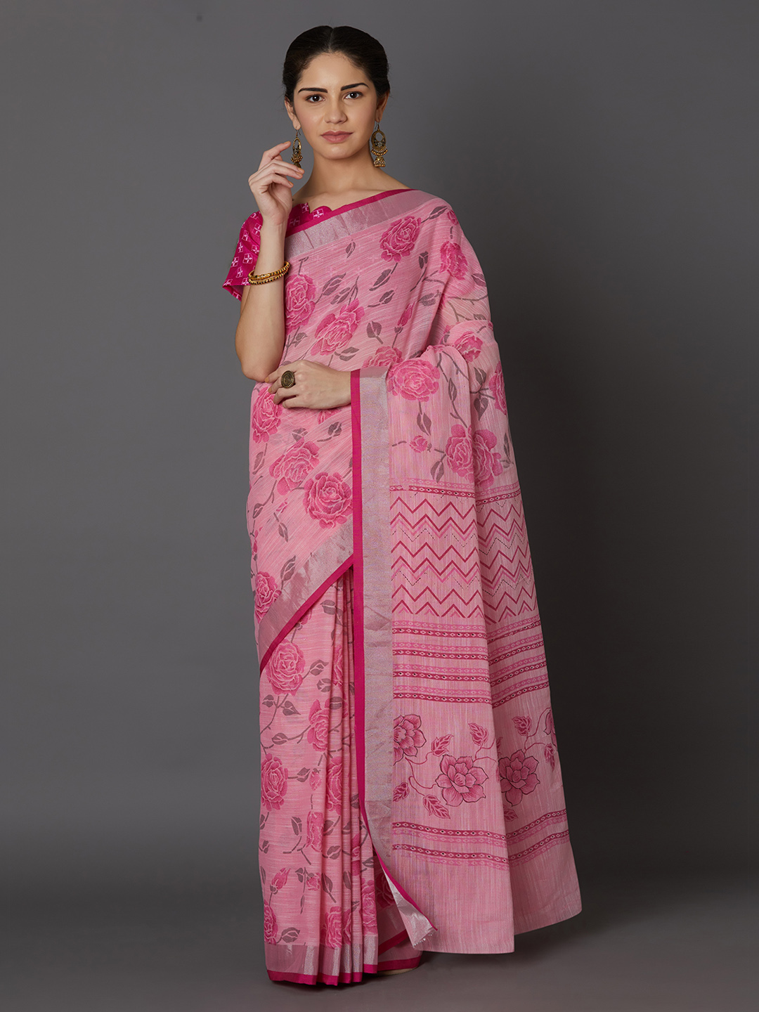 Mitera Pink Silk Blend Printed Mysore Silk Saree Price in India