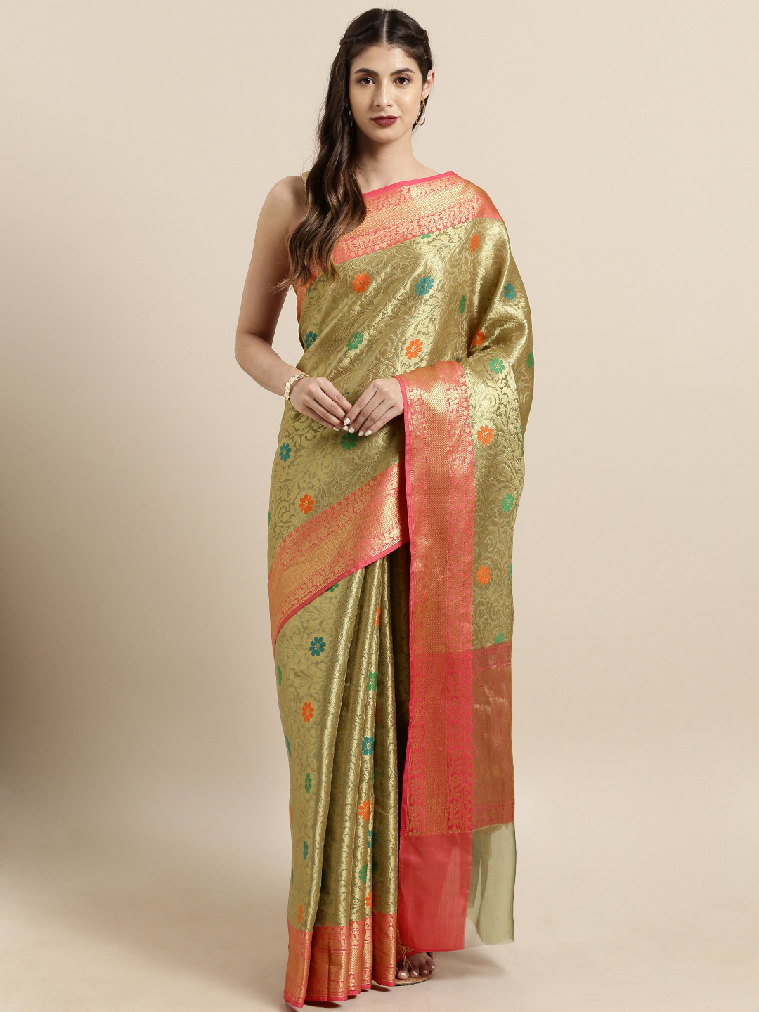 The Chennai Silks Classicate Olive Green Organza Woven Design Banarasi Saree Price in India