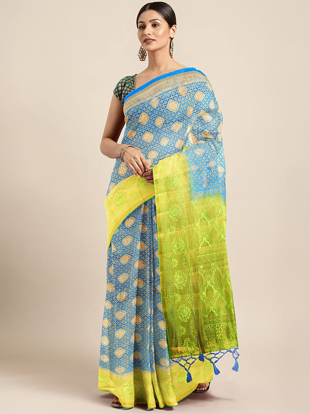 The Chennai Silks Classicate Blue & Green Woven Design Viscose Rayon Dupion Saree Price in India