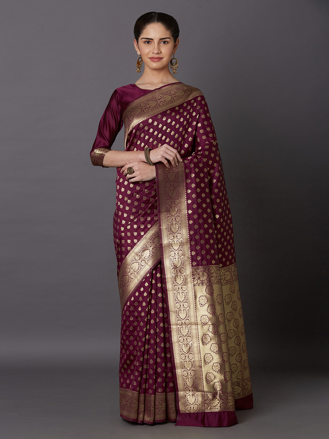 Mitera Magenta & Gold-Toned Silk Blend Woven Design Kanjeevaram Saree Price in India