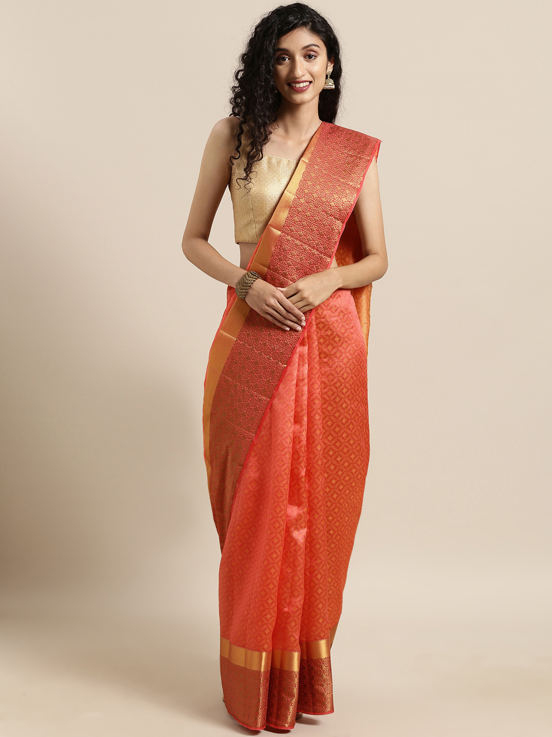 The Chennai Silks Orange Woven Design Jute Cotton Saree Price in India