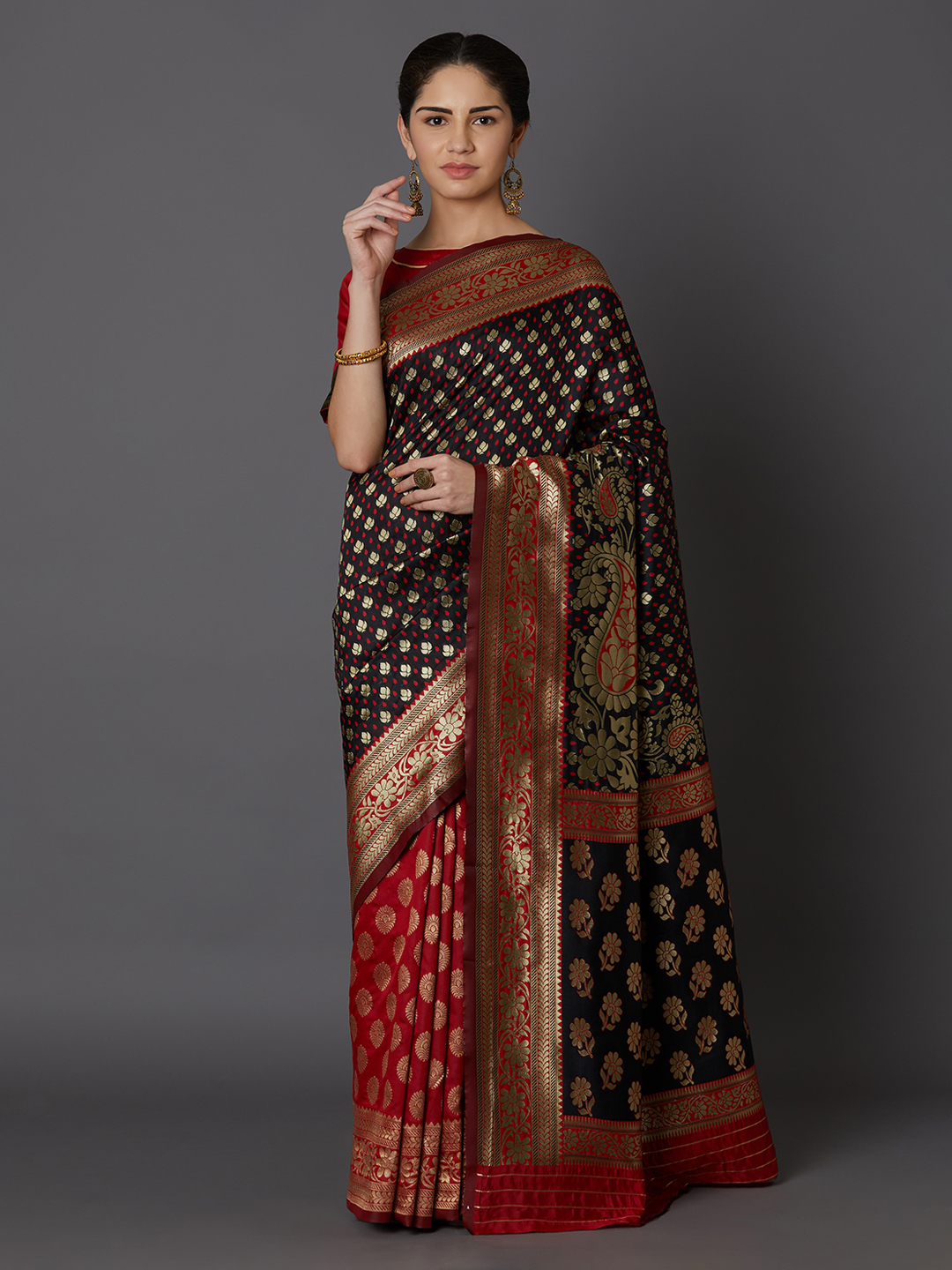 Mitera Black & Red Woven Design Kanjeevaram Saree Price in India