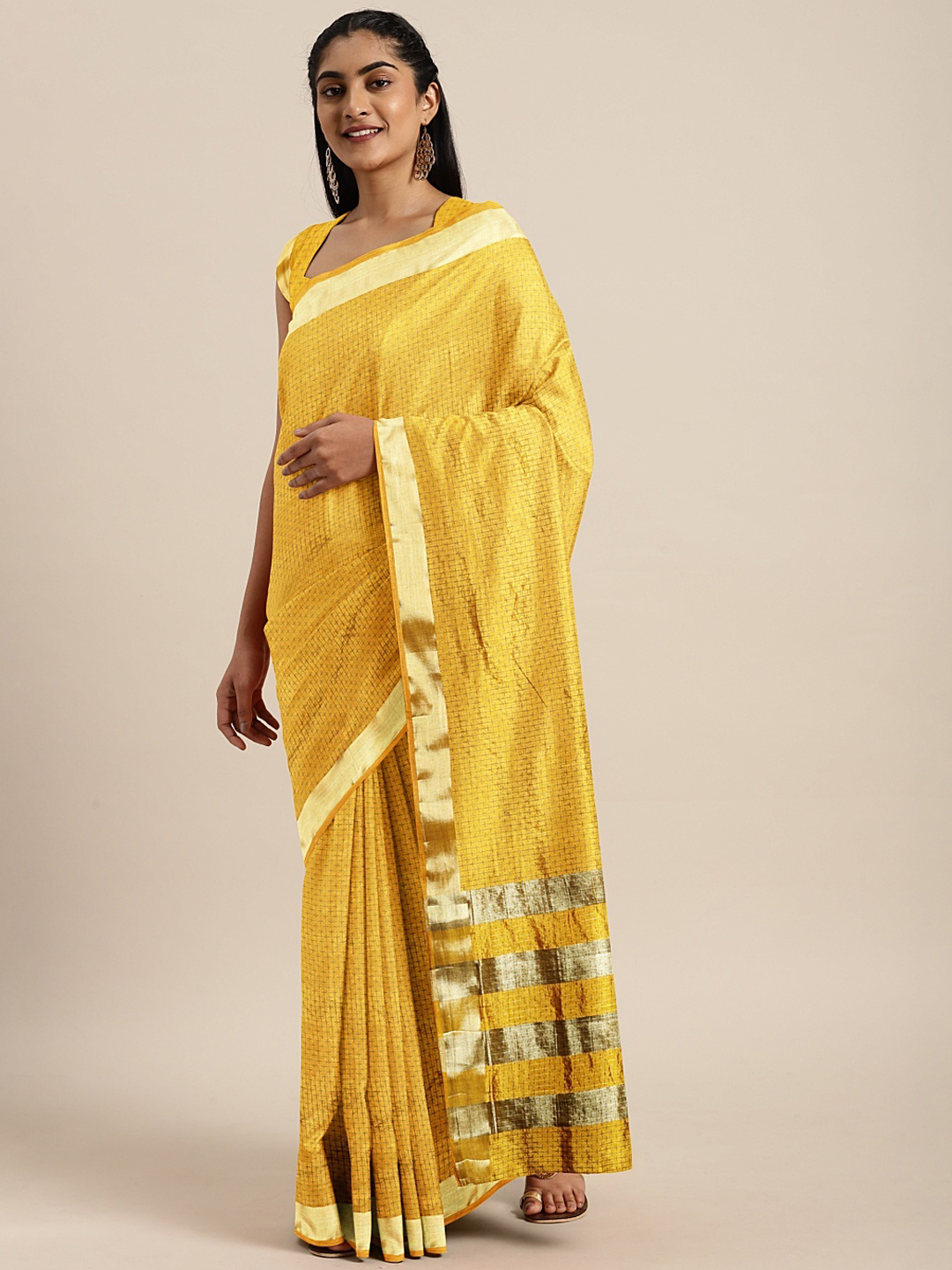 Soch Mustard Yellow & Gold-Toned Art Silk Checked Saree Price in India