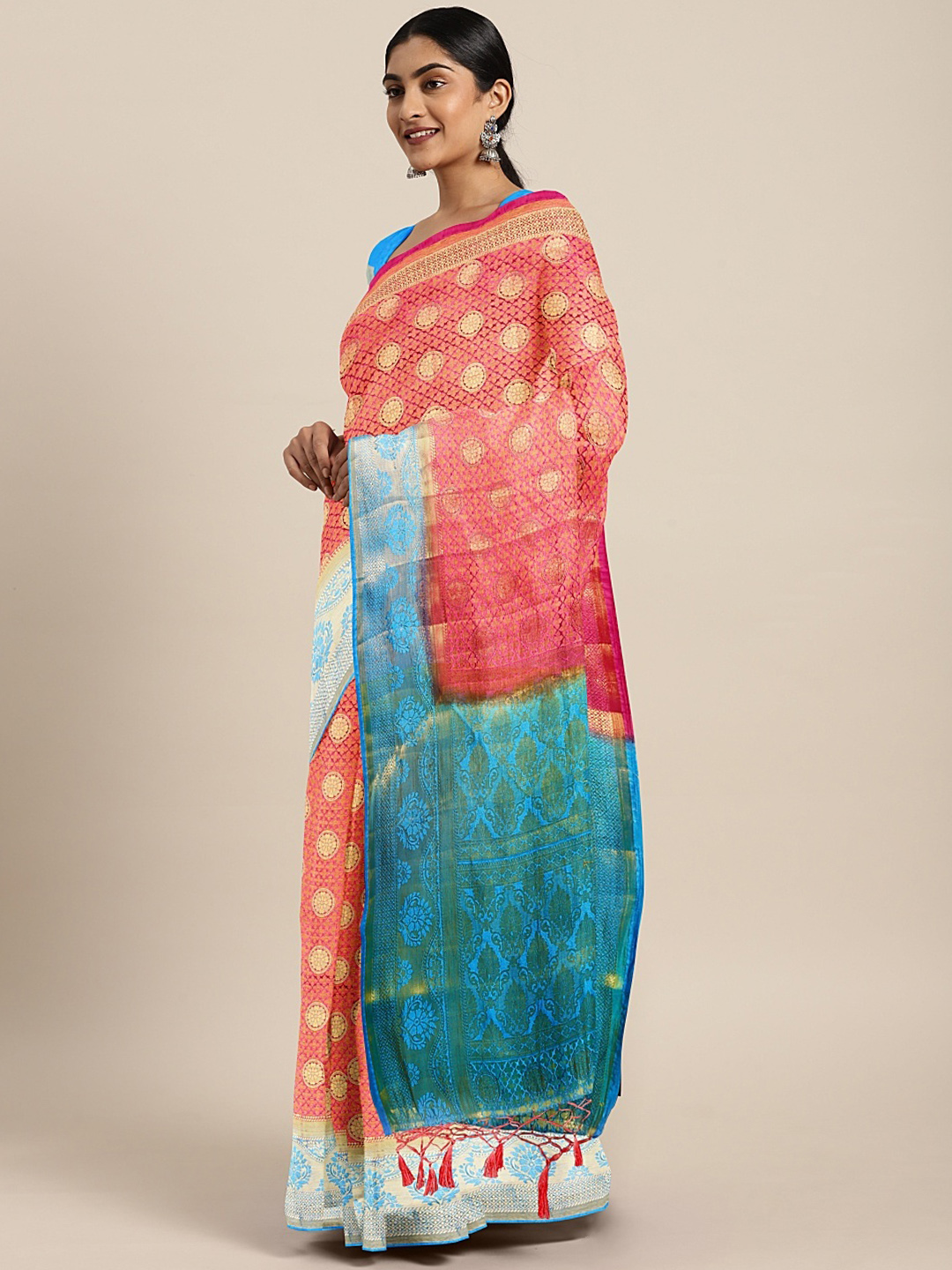 The Chennai Silks Classicate Red & Blue Viscose Rayon Woven Design Saree Price in India