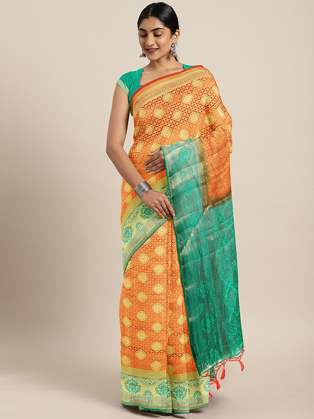 The Chennai Silks Classicate Orange & Gold-Toned Viscose Rayon Woven Design Saree Price in India