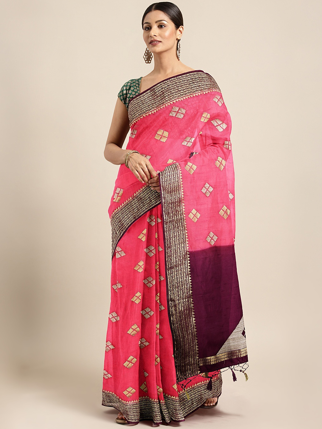 The Chennai Silks Pink & Golden Silk Blend Woven Design Patola Saree Price in India