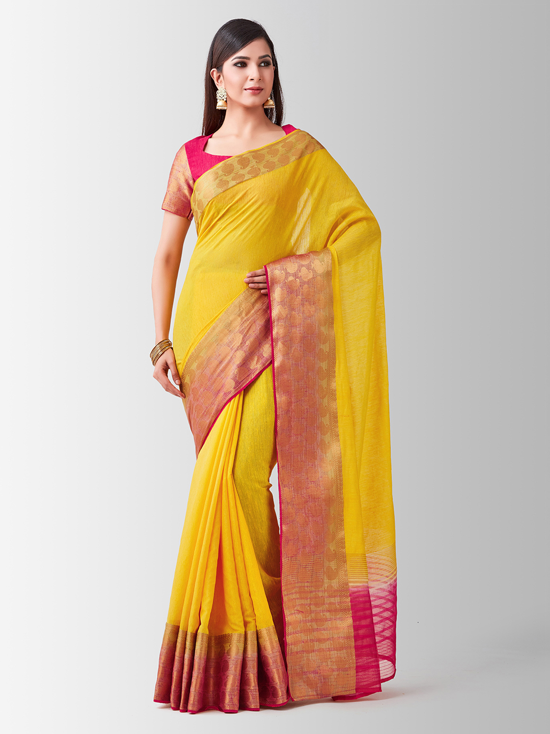 Mitera Yellow & Pink Linen Blend Embellished Kanjeevaram Saree Price in India