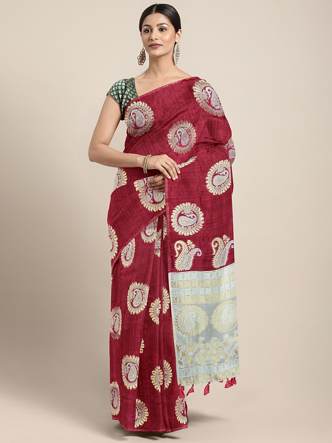 The Chennai Silks Maroon & Gold-Toned Silk Blend Woven Design Patola Saree Price in India