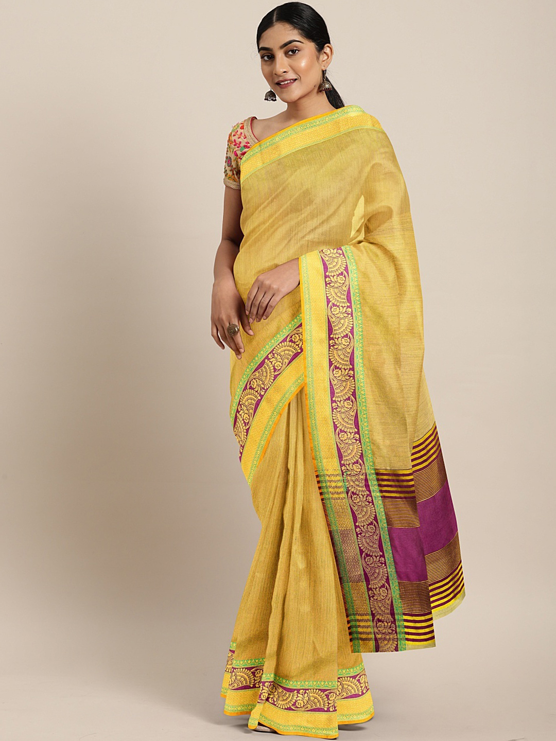 The Chennai Silks Classicate Beige Viscose Rayon Solid Dupion Banarasi Saree Price in India