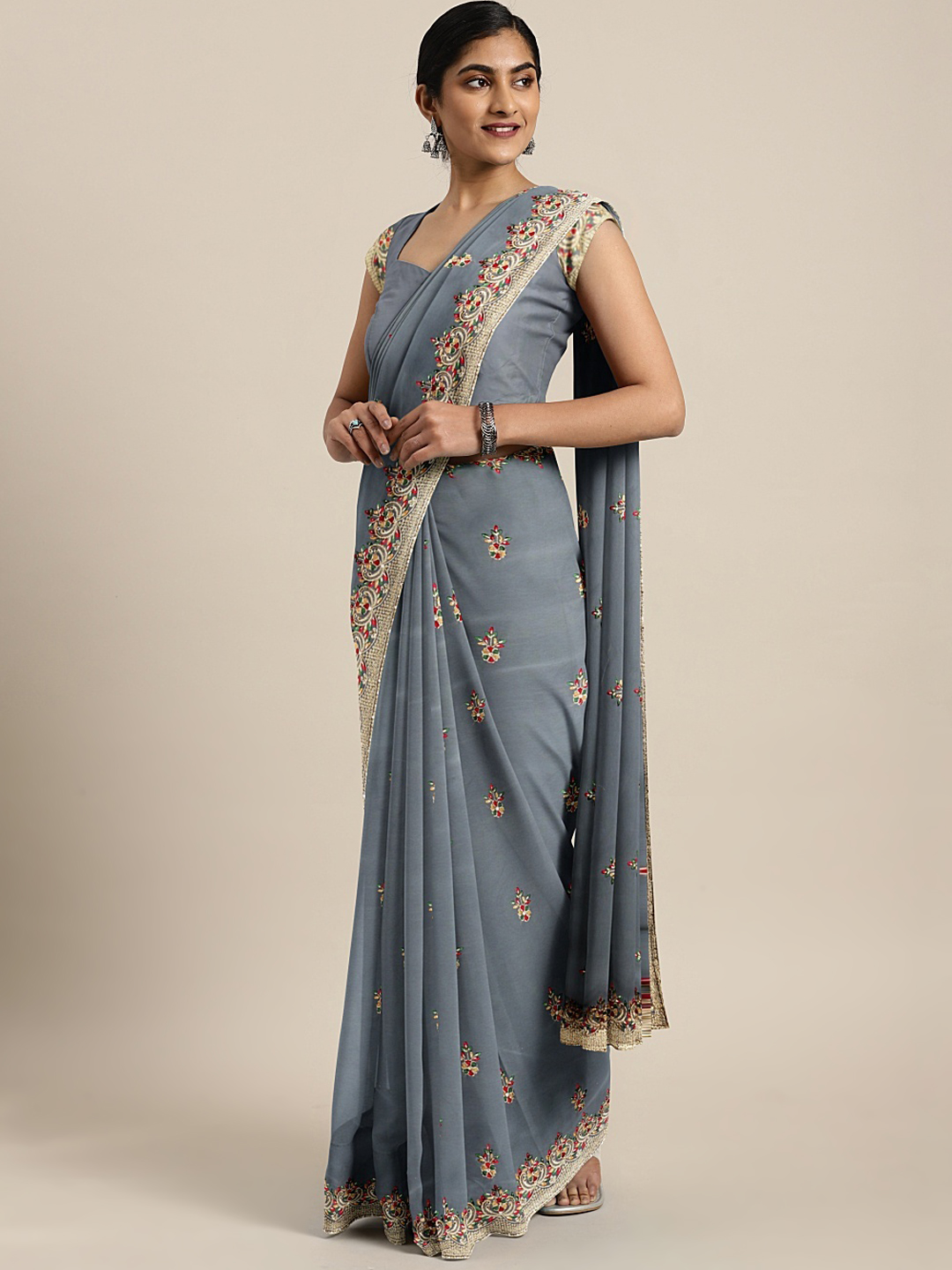 Soch Grey Embroidered Poly Georgette Saree Price in India