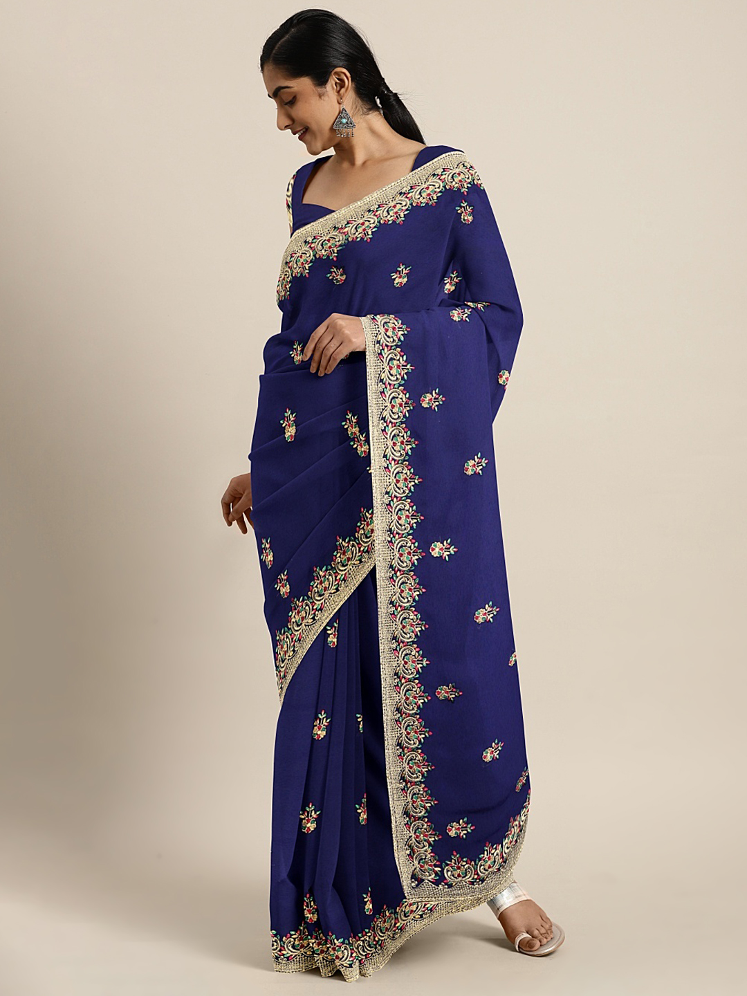 Soch Navy Blue Embroidered Poly Georgette Saree Price in India