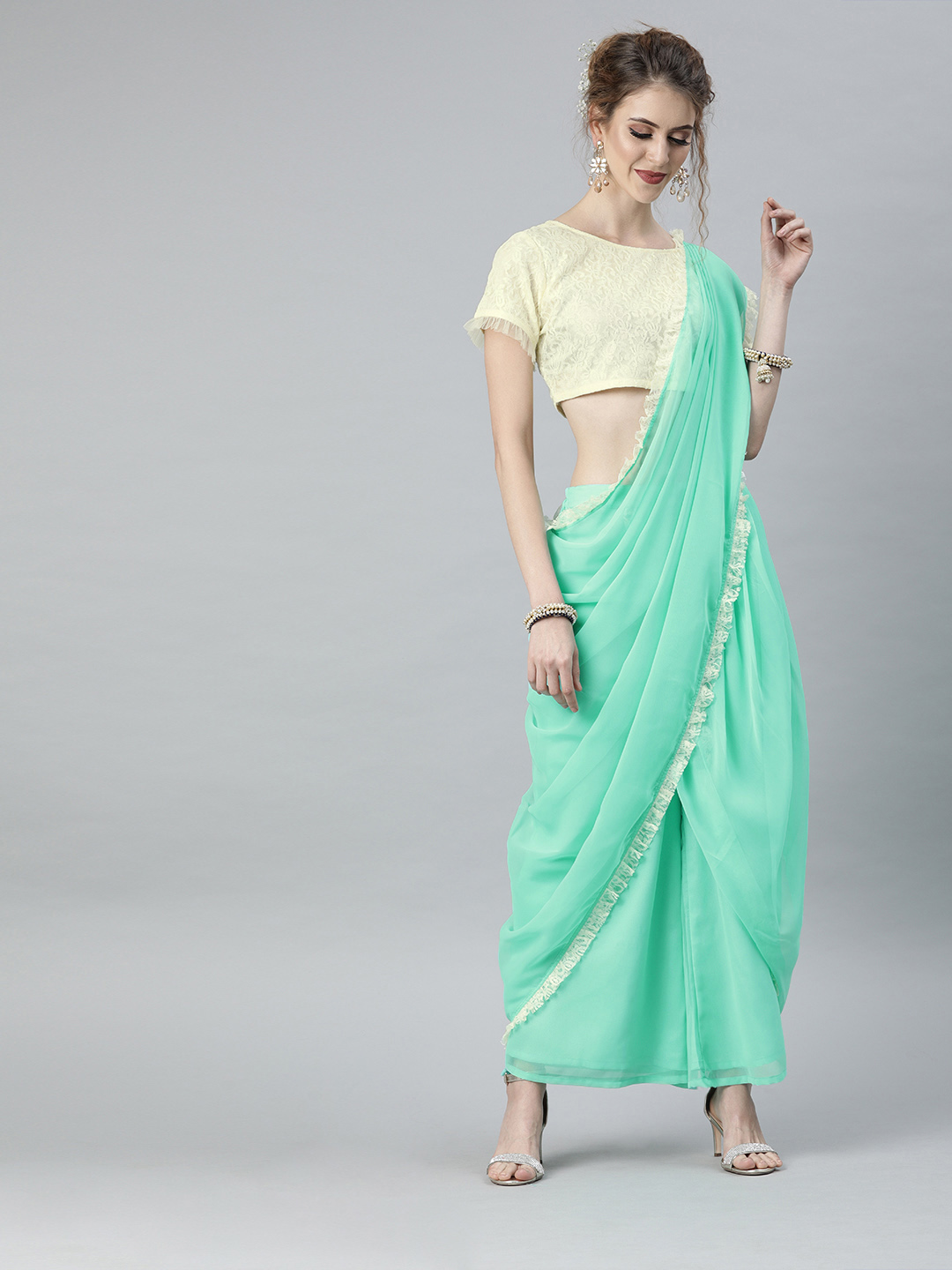 Shakumbhari Turquoise Blue & Golden Poly Georgette Palazzo Saree with Lace Trim Price in India