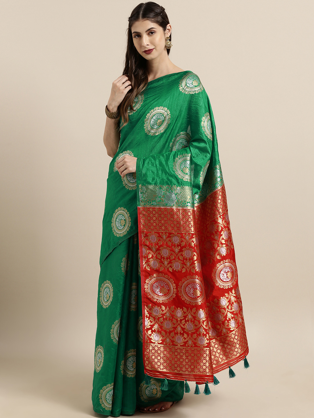 The Chennai Silks Classicate Green Silk Blend Woven Design Patola Saree Price in India