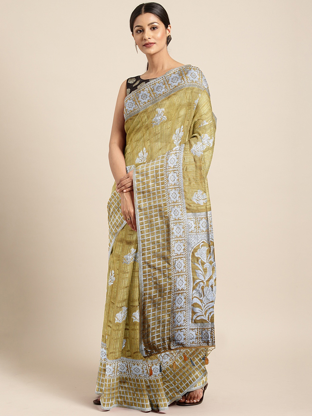 The Chennai Silks Classicate Beige Silk Blend Woven Design Patola Saree Price in India