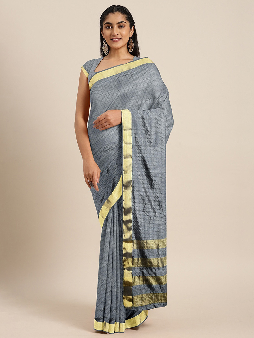 Soch Grey & Gold-Toned Art Silk Checked Saree Price in India