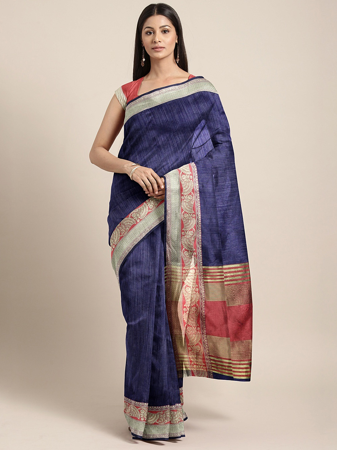 The Chennai Silks Classicate Navy Blue & Maroon Viscose Rayon Solid Banarasi Saree Price in India